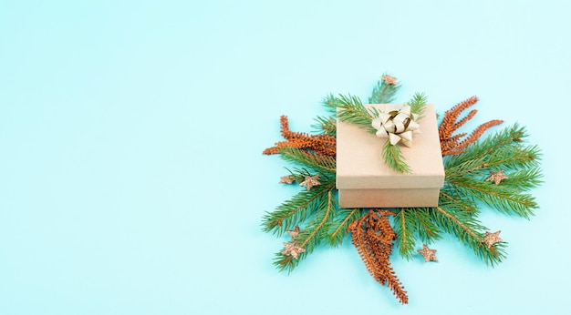 Gift box and fir branches, christmas holiday present, winter season