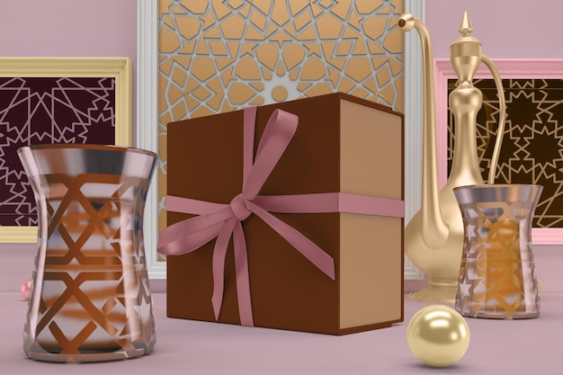 Gift Box Right View In Ramadan Themed Background