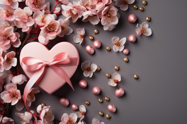 Gift box in the shape of a heart and delicate pink colors on a gray background Valentines Day concept