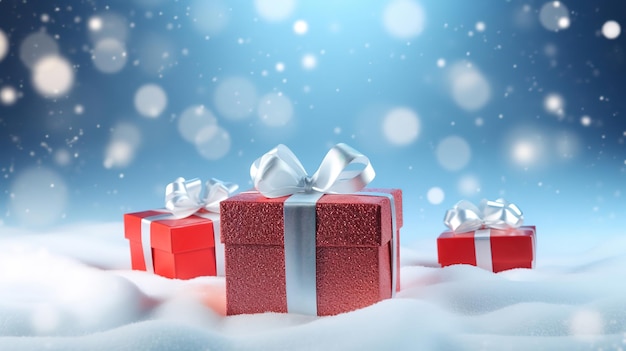 Gift Box On Snow In Winter Blue Background Christmas Presents And Red Decoration Generative Ai