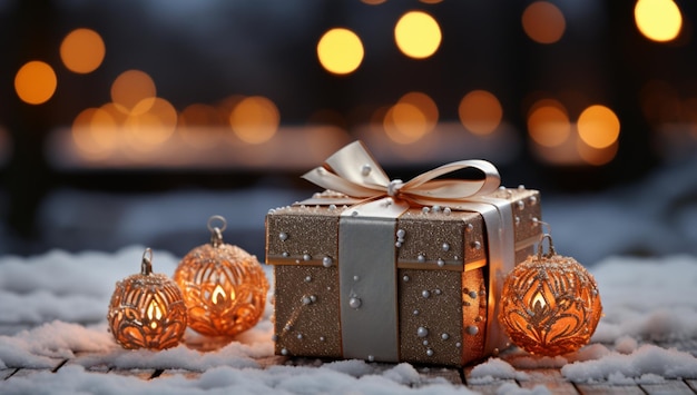 Gift Box On Snow With Bokeh Lights And Ornament In Fir Branch Merry Christmas