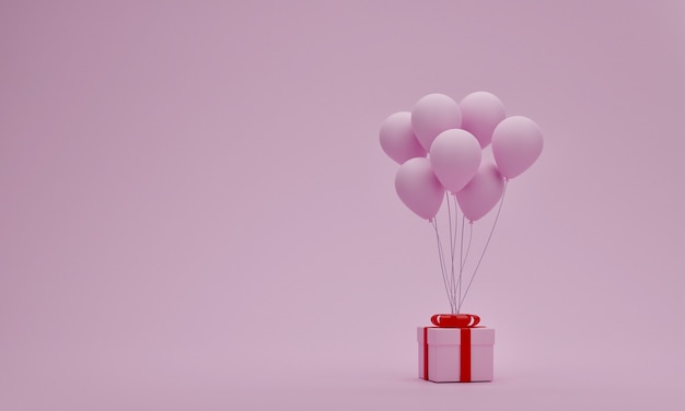 Gift box with balloon on pastel pink background. Valentine or special moment concept. Empty space for your decoration. 3D rendering