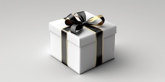 A Gift Box with Black Ribbon on Grey Background