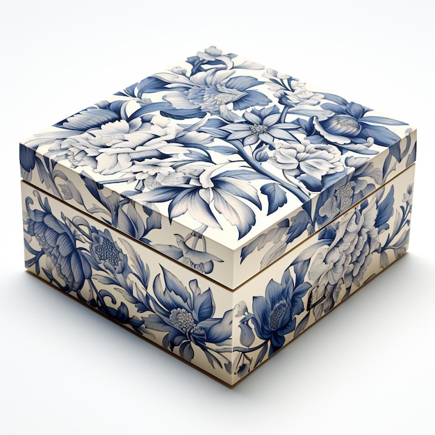 Gift box with blue flowers on white background