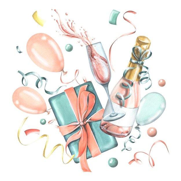 Gift box with a bottle and a glass of champagne with balloons and confetti in pink and blue Watercolor illustration Festive composition from the collection of HAPPY BIRTHDAY For congratulations