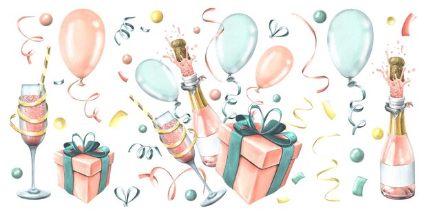 Gift box with a bottle and a glass of champagne with balloons and confetti in pink and blue Watercolor illustration hand drawn Set of isolated elements on a white bachground