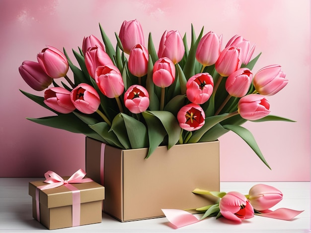 Gift box with a bouquet of pink tulips Postcard template Happy Mothers Day International Womens