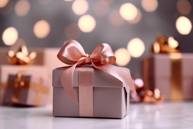 A gift box with a bow on it and lights in the background