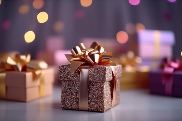 A gift box with a gold bow and a gold bow.