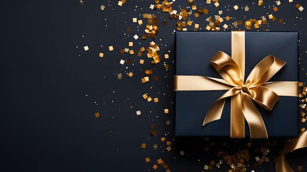 Gift box with golden ribbon and confetti on black background