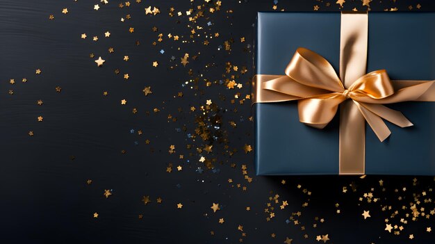 Gift box with golden ribbon and confetti on black background