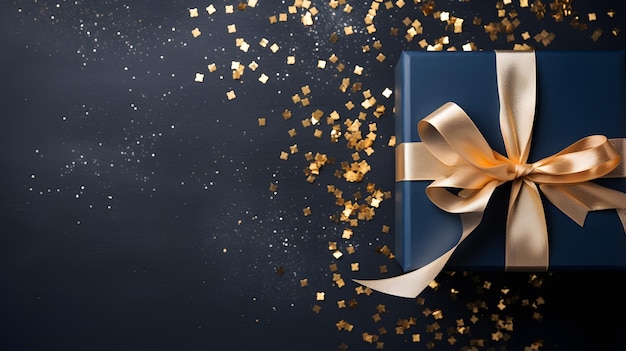 Gift box with golden ribbon and confetti on black background