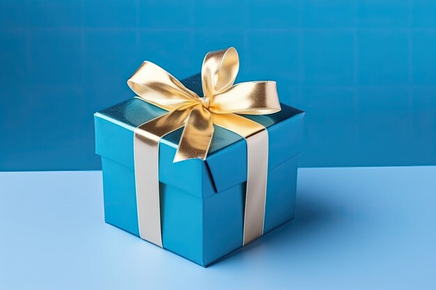 Gift box with golden satin ribbon and bow on blue background Generative AI