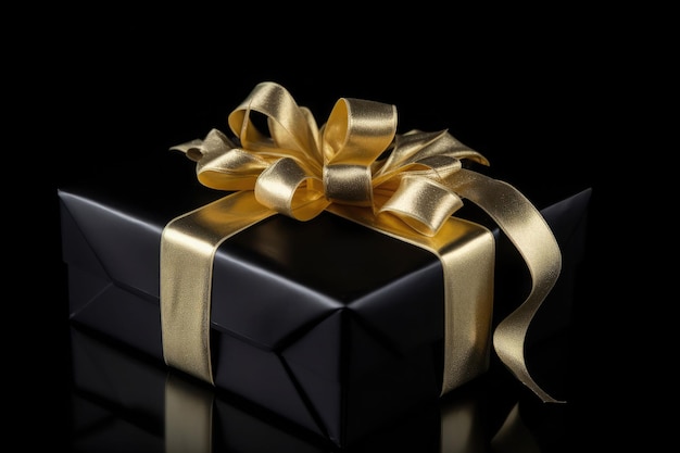 Gift box with golden satin ribbon and bow on yellow background Generative AI