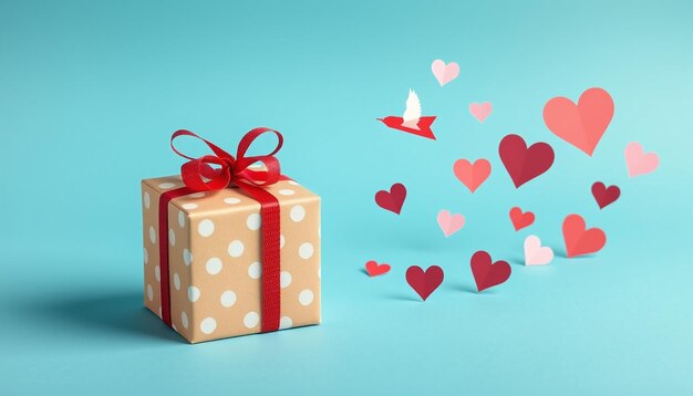 a gift box with hearts and a red ribbon with a red bow on it