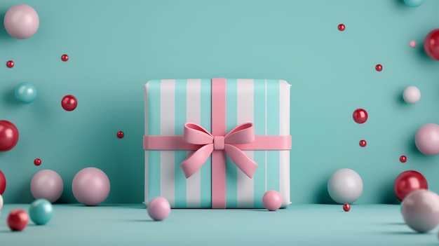 A gift box with a pink bow and candy balls on a blue background