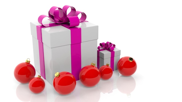 Gift box with pink ribbon and red Christmas balls isolated on white