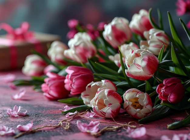 Gift box with pink tulips on a rustic background