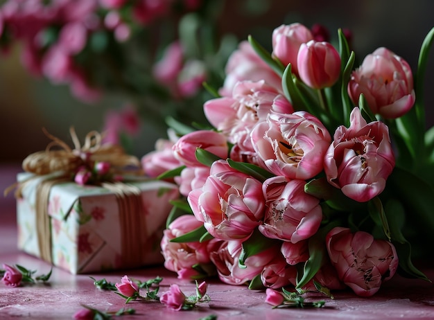 Gift box with pink tulips on a rustic background