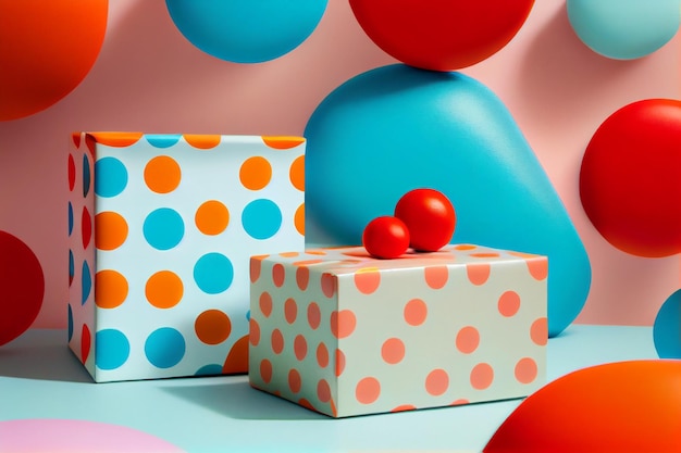 A gift box with a red ball on it and a blue and orange polka dot balloon.