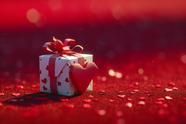 Gift box with red heart on red bokeh background