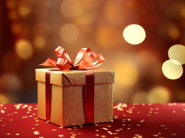 Gift box with red ribbon and bow on gold bokeh blurred background