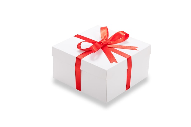 Gift box with red ribbon isolated on white