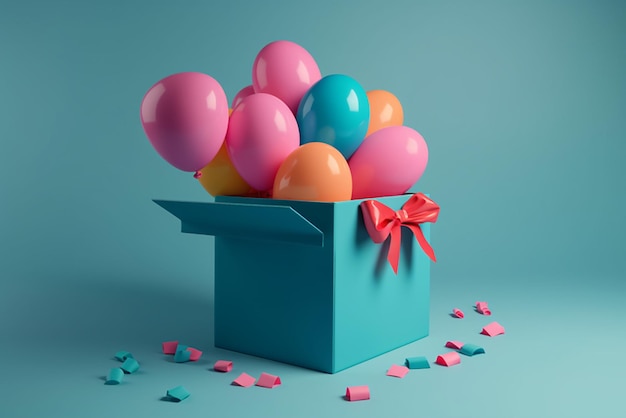 Gift box with ribbon and balloons on a blue background concept for surprise and gift