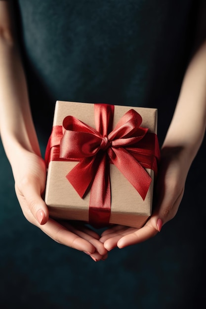 Gift box with ribbon bow in female hands Generative AI