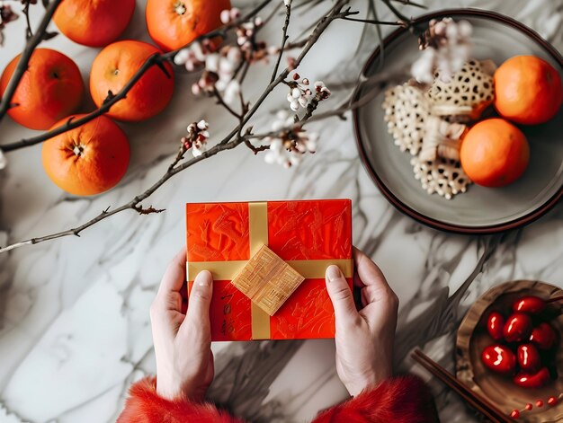 Photo gift box with ribbon holiday theme with decorative background elegant wrapped gift box