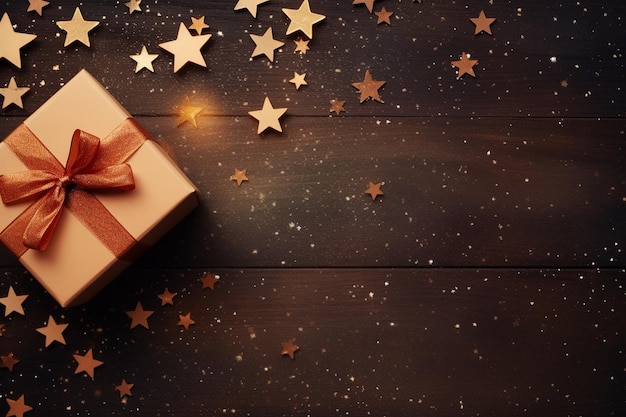 a gift box with stars on a wooden background