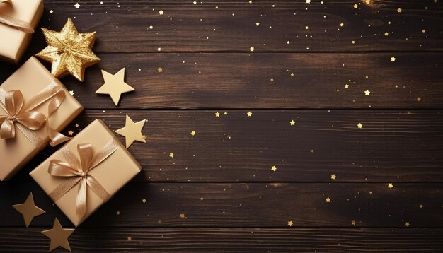 a gift box with stars on a wooden background