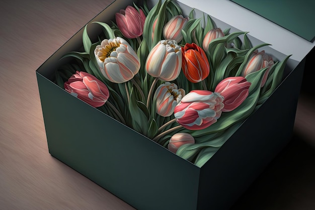 A gift box with tulips Realistic handdrawn illustration