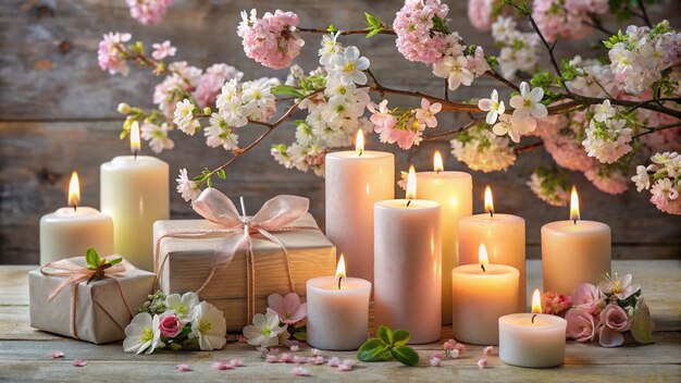 a gift box with a white bow and some candles on it