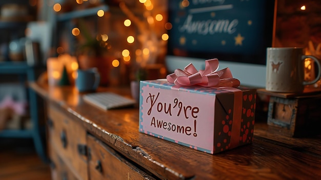 Gift Box with Youre Awesome Message on a Wooden Table with Warm Lighting and Decor