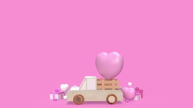 Gift box and wood truck for valentine concept 3d rendering