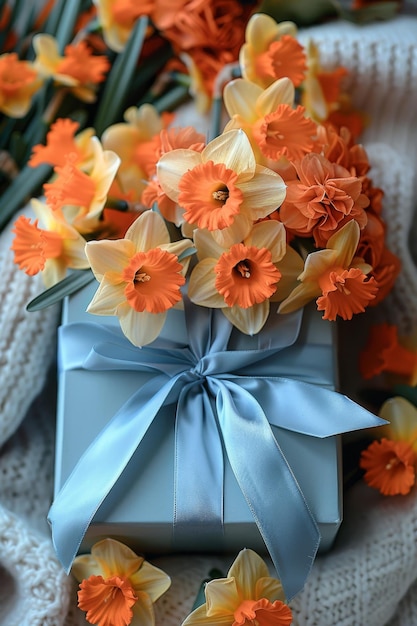 Photo gift box wrapped in blue satin ribbon surrounded by orange daffodils