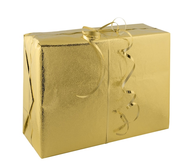 Gift box wrapped in gold foil isolated on white