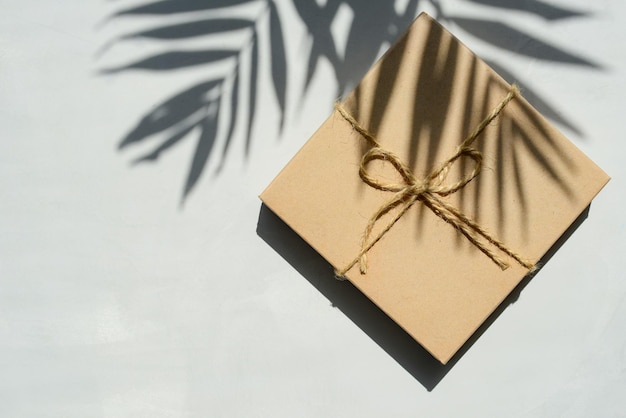 Gift box wrapped in kraft paper on a light gray or beige background with palm tree shadows top view