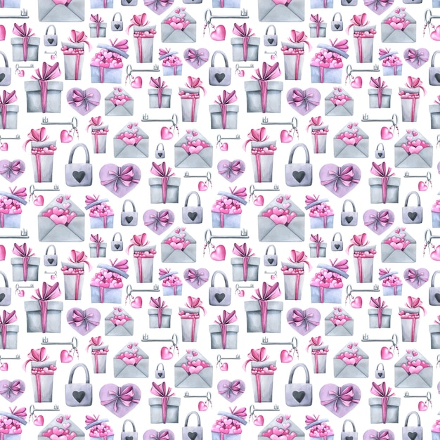 Gift boxes of different shapes and an envelope with pink hearts a lock with a key Watercolor illustration Seamless pattern on a white background from the VALENTINE's DAY collection For the design