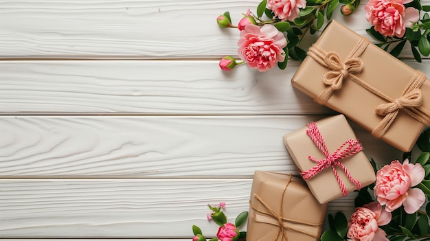 Gift boxes and flowers on white wooden background Top view with copy space