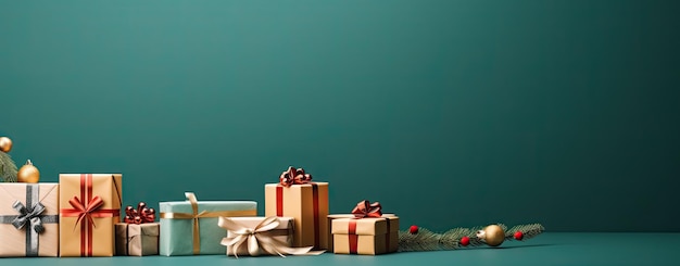 gift boxes on green background with copy space