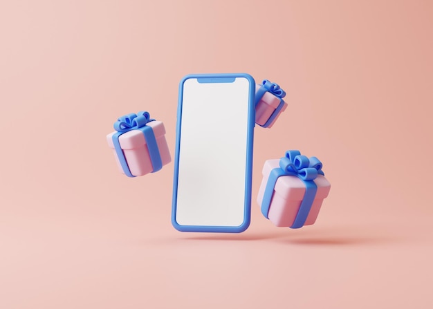 Gift boxes and mobile phone on pastel pink background Festive gift surprise 3D render