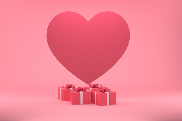 Gift boxes and an oversized red heart on a pastel pink background for valentines day render 3D