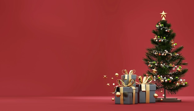 Gift boxes and pine tree 3d rendering background christmas