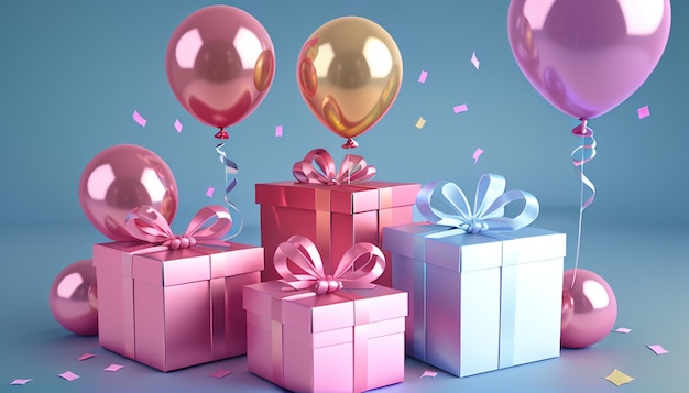 gift boxes pink balloons confetti 3D rendering birthday background celebratory scene festive a