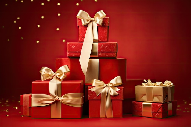 Gift boxes on red background Christmas and New Year concept a pile of presents with gold bows and bows on top of each other with a red background AI Generated