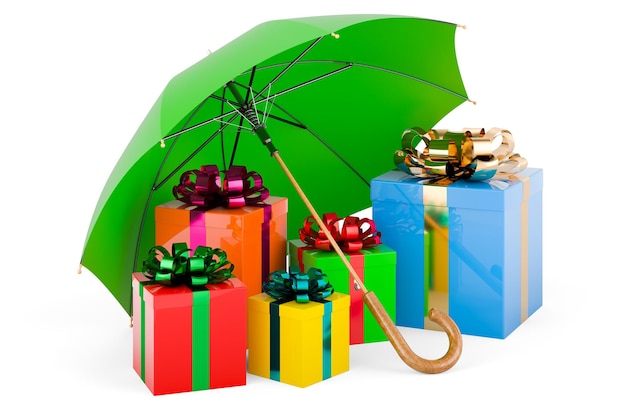 Gift boxes under umbrella 3D rendering