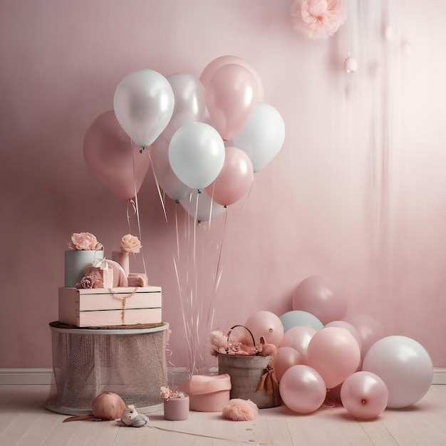 Gift boxes with balloons and flowers Happiness concept