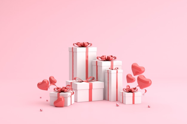 gift boxes with balloons in heart shape.